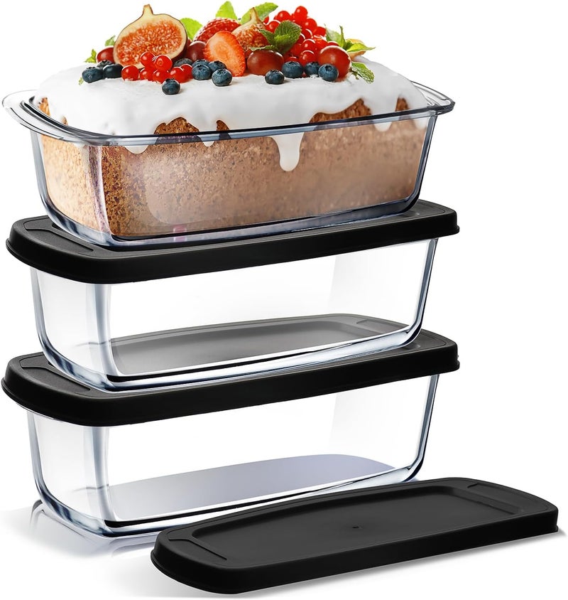 Nestlé Set of 3 Glass Bread Loaf Pans for Baking Bread Pans for Homemade Breads, Glass Food Storage Containers with Lids, Glass Baking Dishes for Oven, Pound Cake Pan, Loaf Pan, 1.9 Quart - Image 1